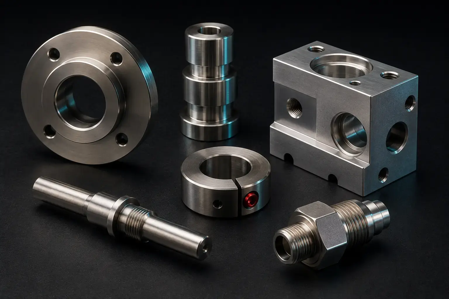 Präzise Metallflansche, Drehteile, Fittings und ein Frästeil